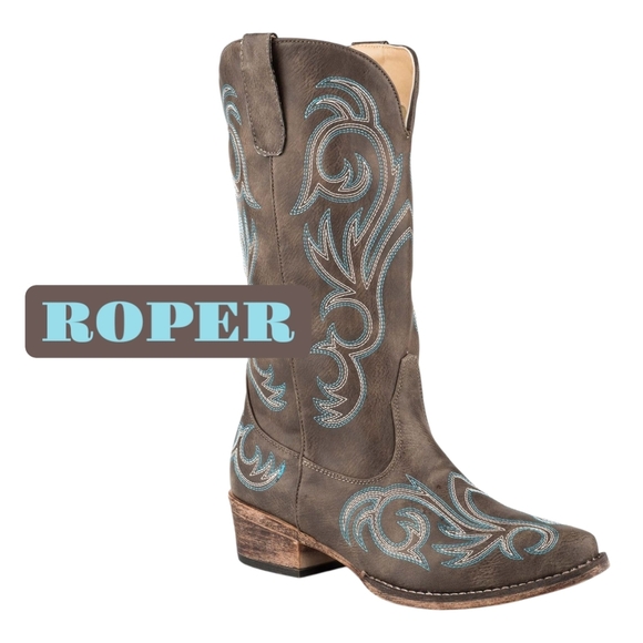Roper Shoes - Roper Riley Brown Vintage Cowgirl Western Boots Blue Stitch New Women's Size 8.5